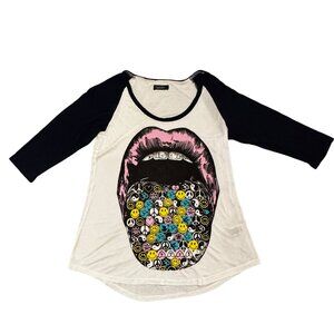Lauren Moshi Limited Edition Raglan Sleeve Lips & Happy Faces Print T-Shirt Sz S